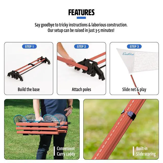 Alt view image 4 of 6 - EastPoint Easy Setup Badminton Set - 15 ft Net, 4 Rackets, 2 Shuttlecocks - Quick Setup Net for Backyard Games - Steel Shaft Badminton Rackets for Family Games - Durable Shuttlecocks for Outdoors