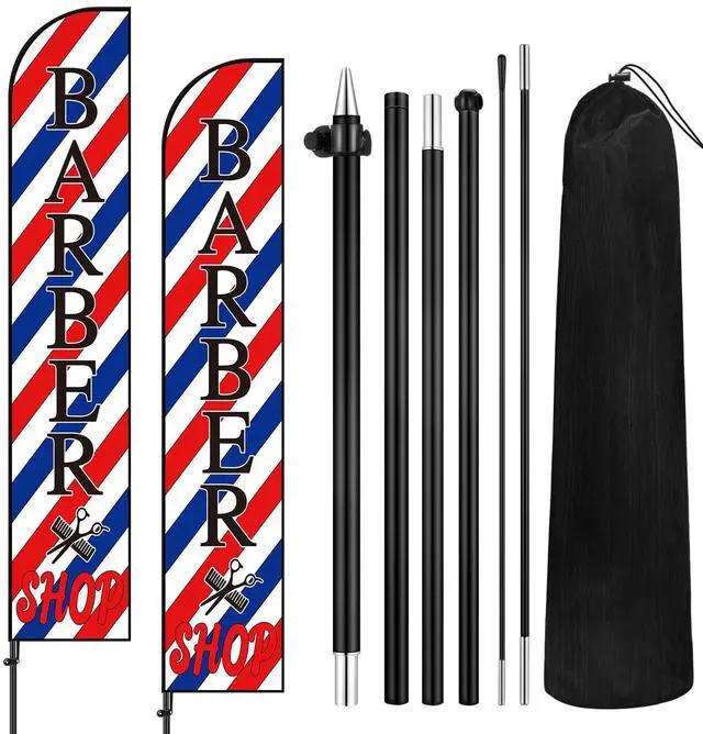 Main image of 2 Set Barber Flag Barbershop Themed Swooper Flag Banner with Pole Kit Open Feather Barber Sign for Salon Business Advertising Outdoor Outside(14.8 Ft)