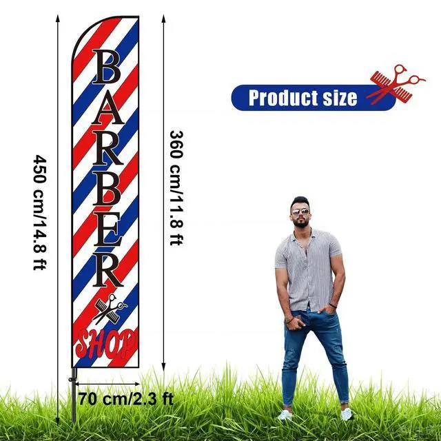 Alt view image 2 of 7 - 2 Set Barber Flag Barbershop Themed Swooper Flag Banner with Pole Kit Open Feather Barber Sign for Salon Business Advertising Outdoor Outside(14.8 Ft)
