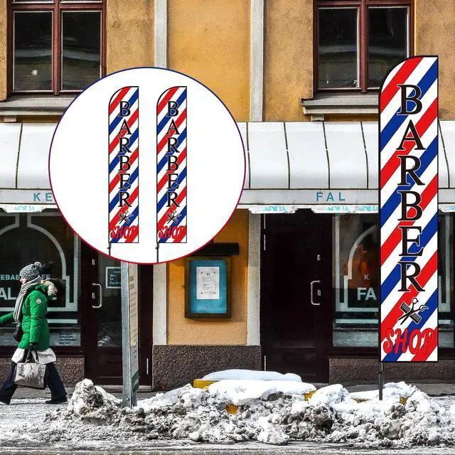 Alt view image 6 of 7 - 2 Set Barber Flag Barbershop Themed Swooper Flag Banner with Pole Kit Open Feather Barber Sign for Salon Business Advertising Outdoor Outside(14.8 Ft)