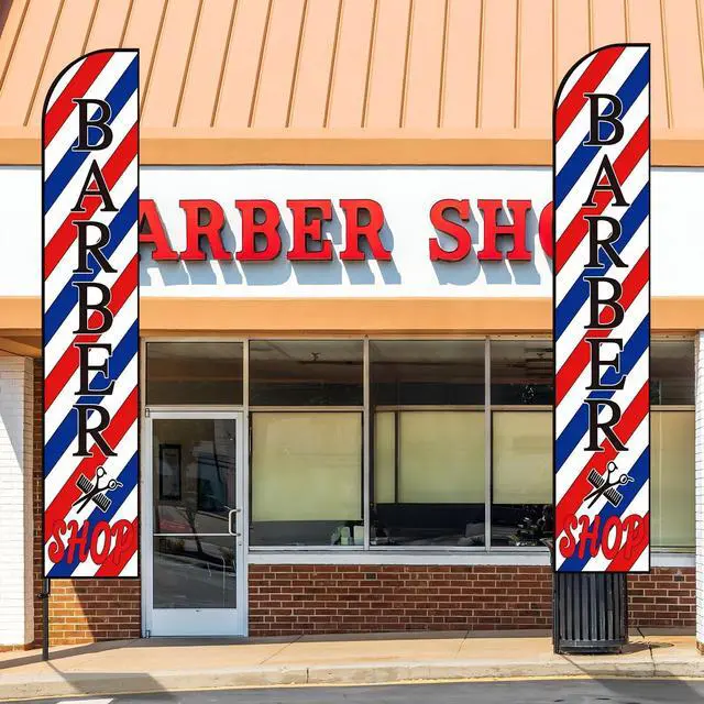 Alt view image 5 of 7 - 2 Set Barber Flag Barbershop Themed Swooper Flag Banner with Pole Kit Open Feather Barber Sign for Salon Business Advertising Outdoor Outside(14.8 Ft)