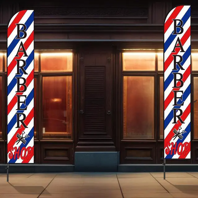 Alt view image 7 of 7 - 2 Set Barber Flag Barbershop Themed Swooper Flag Banner with Pole Kit Open Feather Barber Sign for Salon Business Advertising Outdoor Outside(14.8 Ft)