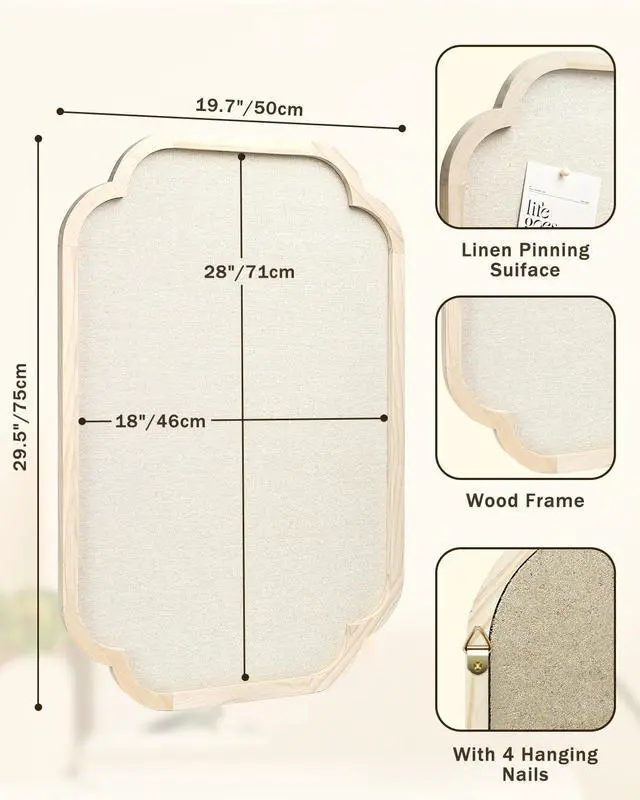 Alt view image 2 of 6 - Modern Scalloped Pinboard, 20" x 30" Rustic Fabric Bulletin Board, Natural Wood, Decorative Pin Board for Farmhouse, Home Office & Vision Board Display