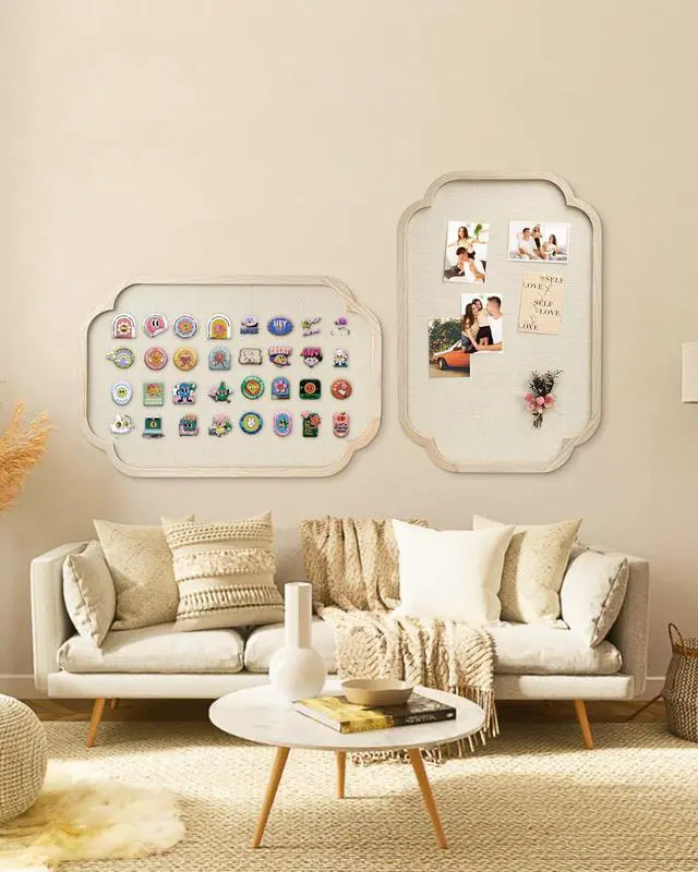 Alt view image 3 of 6 - Modern Scalloped Pinboard, 20" x 30" Rustic Fabric Bulletin Board, Natural Wood, Decorative Pin Board for Farmhouse, Home Office & Vision Board Display