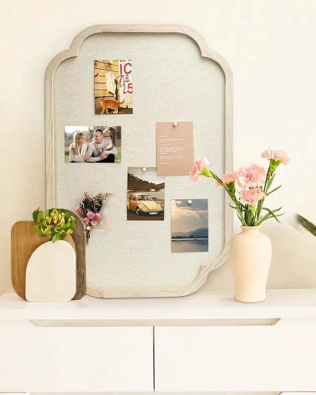 Alt view image 4 of 6 - Modern Scalloped Pinboard, 20" x 30" Rustic Fabric Bulletin Board, Natural Wood, Decorative Pin Board for Farmhouse, Home Office & Vision Board Display