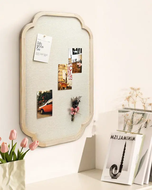 Alt view image 5 of 6 - Modern Scalloped Pinboard, 20" x 30" Rustic Fabric Bulletin Board, Natural Wood, Decorative Pin Board for Farmhouse, Home Office & Vision Board Display