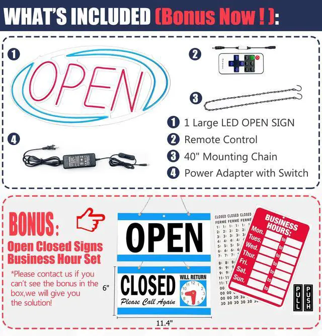 Alt view image 3 of 7 - Open Signs for Business,Neon Open Sign Led,24"x 12",Remote Control Open/Closed Bussiness Hour Sign Set,Light for Bar Coffee Salon Store Window,12V/2A Adapter with ON/OFF Switch (Blue/Red Oval)