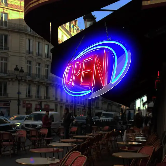 Alt view image 4 of 7 - Open Signs for Business,Neon Open Sign Led,24"x 12",Remote Control Open/Closed Bussiness Hour Sign Set,Light for Bar Coffee Salon Store Window,12V/2A Adapter with ON/OFF Switch (Blue/Red Oval)