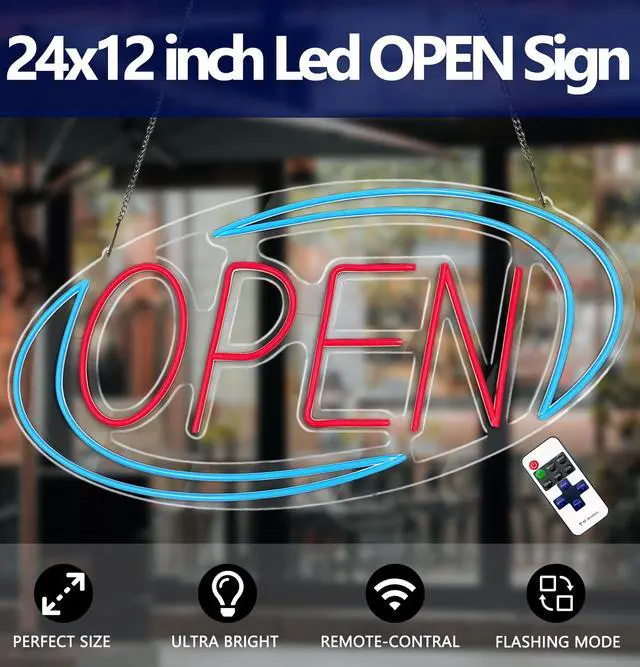 Alt view image 2 of 7 - Open Signs for Business,Neon Open Sign Led,24"x 12",Remote Control Open/Closed Bussiness Hour Sign Set,Light for Bar Coffee Salon Store Window,12V/2A Adapter with ON/OFF Switch (Blue/Red Oval)
