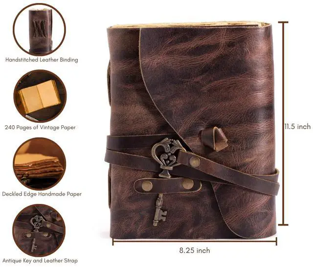 Alt view image 5 of 6 - Vintage Leather Journal - Antique Handmade Deckle Edge Vintage Paper Leather Bound Journal - Book of Shadows Journal - Leather Sketchbook - Drawing Journal - Great Gift (Red Brown, 11.5"x8.25")