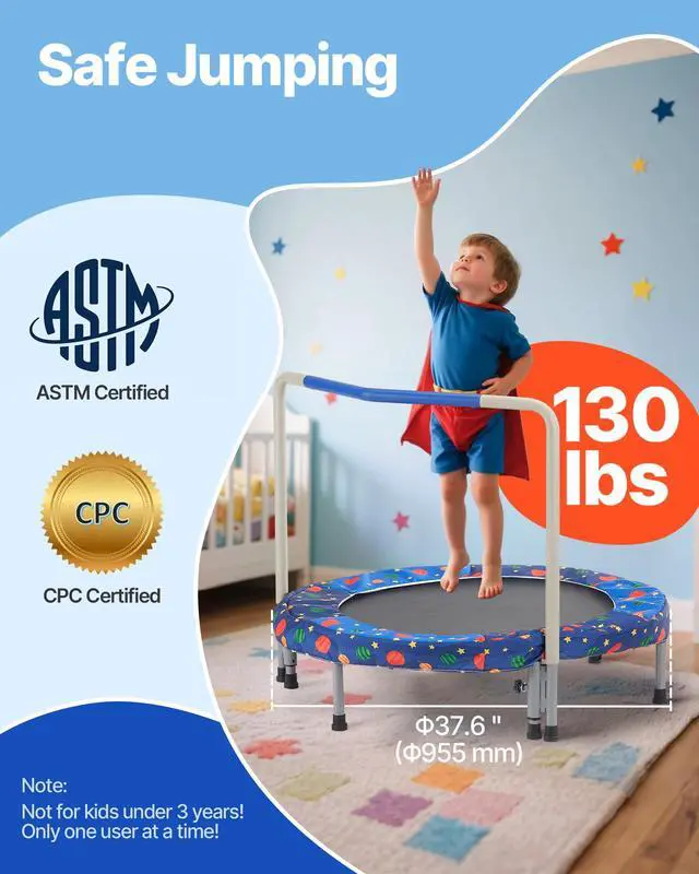 Alt view image 2 of 7 - 3FT Trampoline for Kids, 36" Trampolines Indoor/Outdoor Trampoline for Toddlers, Foldable Mini Baby Jump Toy with Foam Handle, Recreational Trampolines Birthday Gift for 3+ Years Kids