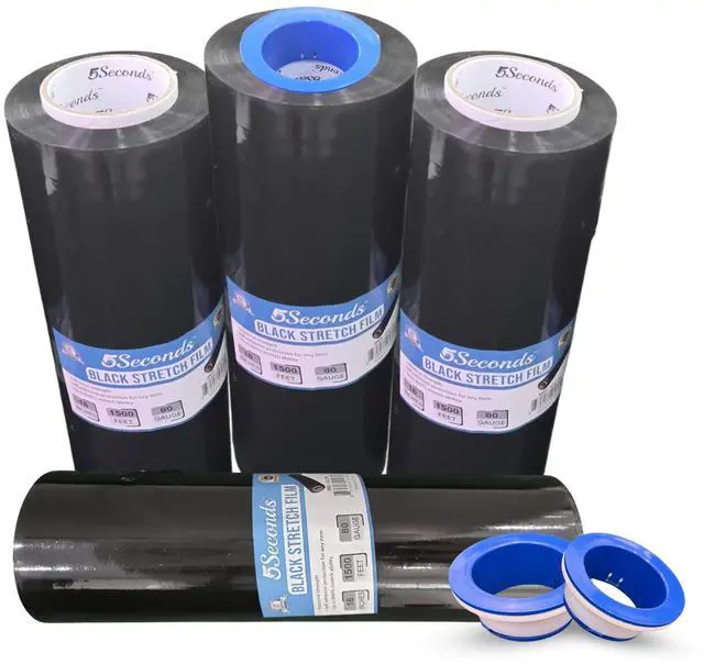 Main image of 18" Stretch Film/Wrap 1500 feet 7 Layers 80 Gauge Industrial Strength up to 800% Stretch Ability Black Durable Adhering Packing Moving Heavy Duty Shrink Film, Wrap Holder Included Box of 4