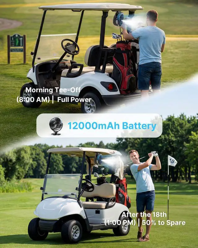 Alt view image 4 of 7 - 2-Pack Magnetic Golf Cart Fan with Misting, 12000mAh Battery Operated Portable Fan 4 Speeds, LED Lantern, Universal Fit for EZGO Club Car Yamaha, Cruise Ship Accessories Travel Essentials
