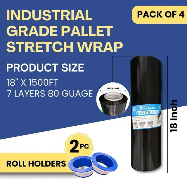 Alt view image 2 of 7 - 18" Stretch Film/Wrap 1500 feet 7 Layers 80 Gauge Industrial Strength up to 800% Stretch Ability Black Durable Adhering Packing Moving Heavy Duty Shrink Film, Wrap Holder Included Box of 4