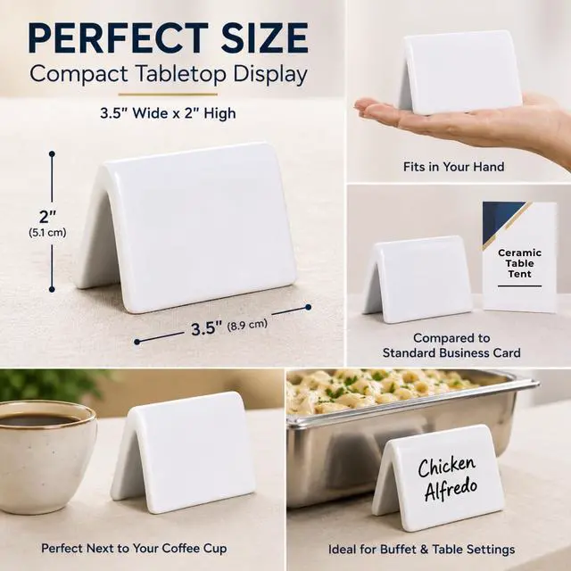Alt view image 2 of 7 - Double Sided Ceramic Dry Erase Table Tent Sign White - 3-1/2"x2" - Reusable Tabletop Setting. Great for Wedding, Birthday, Picnic, Banquet, Buffet, Bakery, Party, Events, Message Board - 12 PK