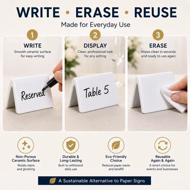 Alt view image 3 of 7 - Double Sided Ceramic Dry Erase Table Tent Sign White - 3-1/2"x2" - Reusable Tabletop Setting. Great for Wedding, Birthday, Picnic, Banquet, Buffet, Bakery, Party, Events, Message Board - 12 PK