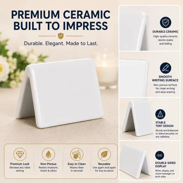 Alt view image 6 of 7 - Double Sided Ceramic Dry Erase Table Tent Sign White - 3-1/2"x2" - Reusable Tabletop Setting. Great for Wedding, Birthday, Picnic, Banquet, Buffet, Bakery, Party, Events, Message Board - 12 PK