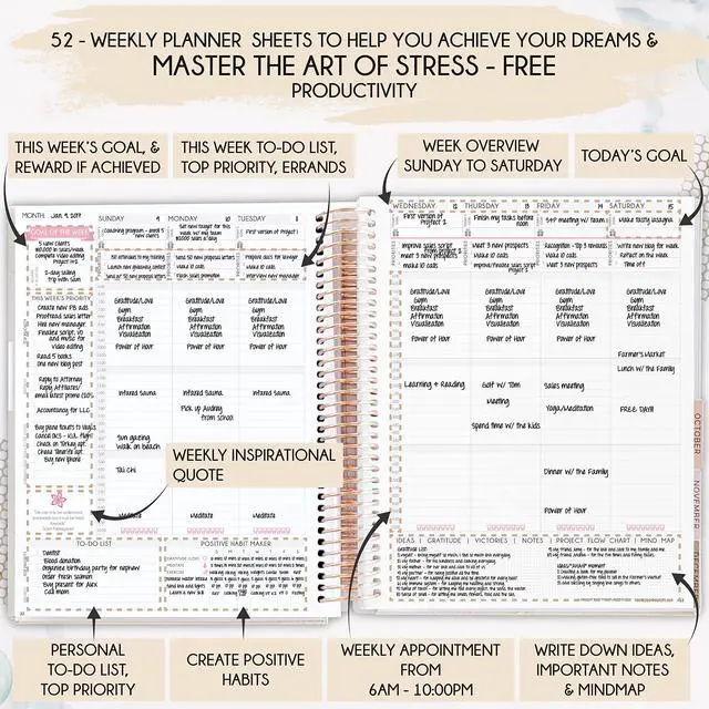 Alt view image 3 of 7 - Manifestation Journal Hourly, Weekly & Monthly Planner | 12-Month to Increase Productivity, Life Organizer & Goal Planner | Spiral Journal, Habit Tracker, Foldable Vision Board, Gift Box & Stickers