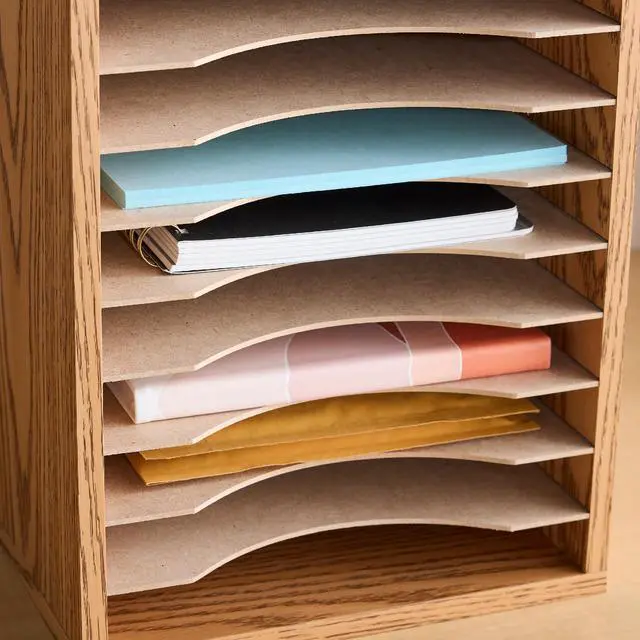 Alt view image 2 of 5 - Vertical Desktop Sorter, Wooden Paper Organizer for Home Office and Classroom, 11 Adjustable, Letter-Size Compartments, Medium Oak
