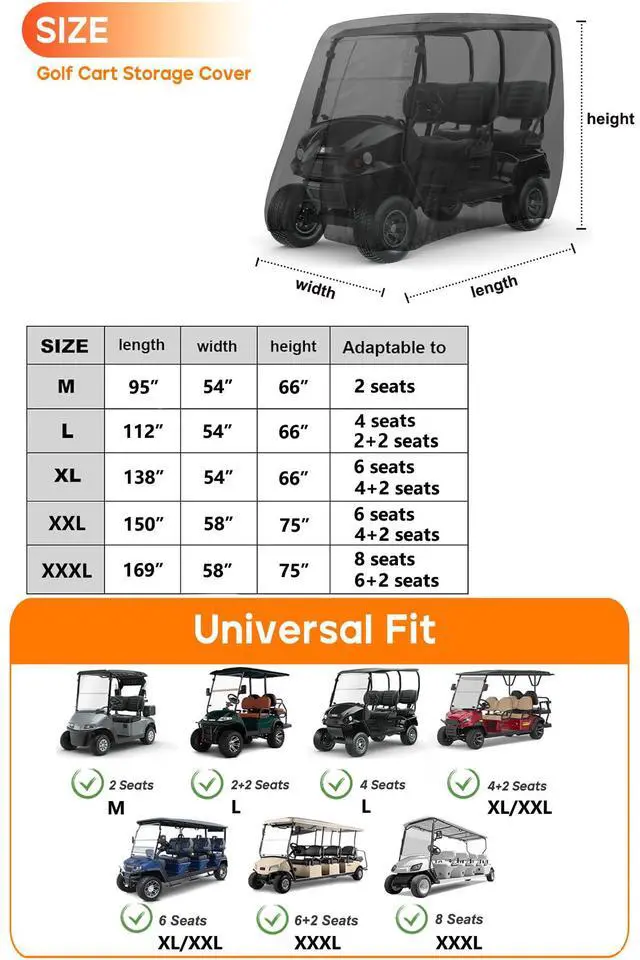 Alt view image 2 of 7 - Golf Cart Cover 8 Passenger for Club Car EZGO Yamaha Golf Carts | Heavy Duty 420D Durable Fabric, Waterproof Rear Zipper, Windproof Strap Dustproof UV resistant for 8 Seat Cart Up to 169 Inch