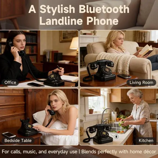 Alt view image 6 of 7 - Bluetooth Rotary Landline Phone, Retro Bluetooth Home Phone, Vintage Old Fashioned Telephone with Speakerphone & Volume Control, Wireless Rechargeable Telephone for Bedroom, Home & Office, Black