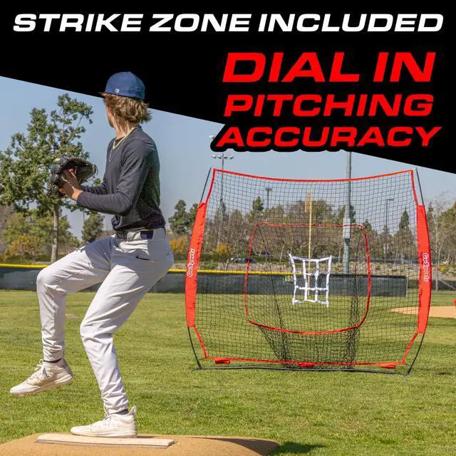Alt view image 5 of 6 - 7 ft x 7 ft Baseball & Softball Nets - Red, Black, Drip or PRO - Practice Hitting & Pitching Net with Bow Type Frame, Carry Bag and Strike Zone, Great for All Skill Levels
