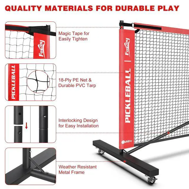 Alt view image 4 of 7 - Portable Pickleball Net Set with Wheels, 22 FT & Half Court 11 FT | Pickle Ball Net System, Steady Metal Frame with Carry Bag for Backyards, Driveways, and Garages