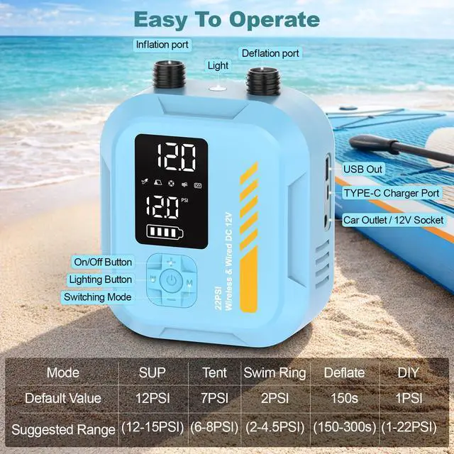 Alt view image 4 of 7 - Electric Paddle Board Pump Portable, 22 PSI Rechargeable Electric SUP Air Pump, Intelligent Dual Stage Inflation & Deflation, Auto-Off, for Paddle Boards, Kayak, Kite, Tent