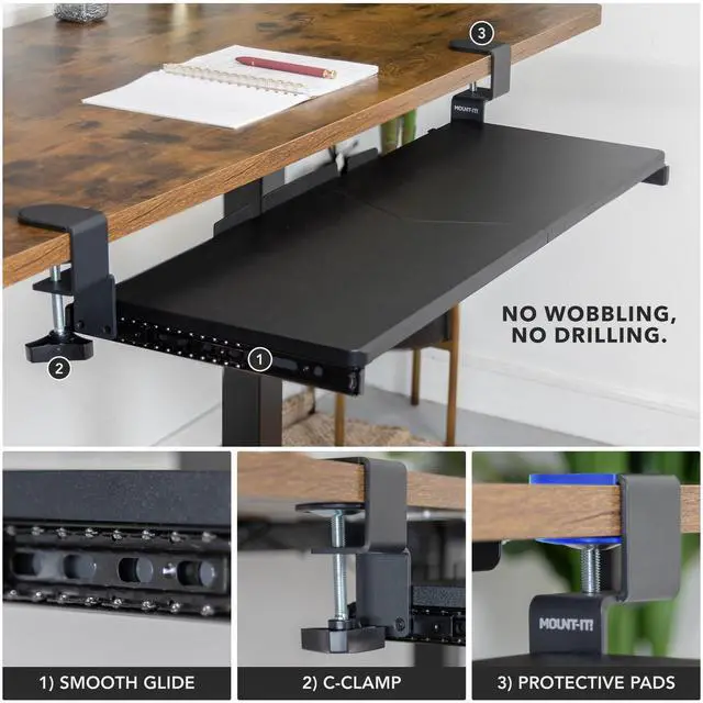 Alt view image 5 of 7 - Keyboard Tray Under Desk, 30" (36" Including Clamps) Extra-Wide Pull Out Drawer, No-Drill C-Clamp Mount, Fits Desks 0"1.77" Thick, Holds 11 lbs, Black