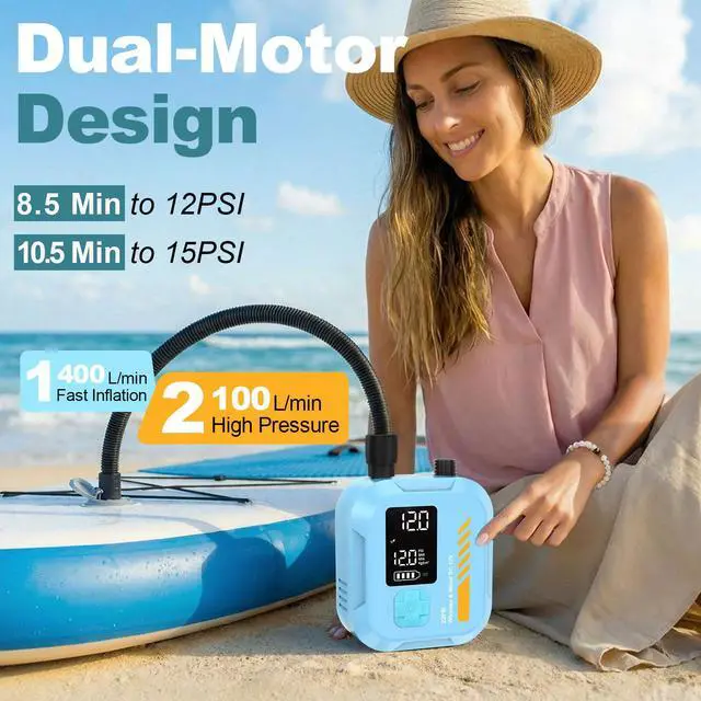 Alt view image 5 of 7 - Electric Paddle Board Pump Portable, 22 PSI Rechargeable Electric SUP Air Pump, Intelligent Dual Stage Inflation & Deflation, Auto-Off, for Paddle Boards, Kayak, Kite, Tent