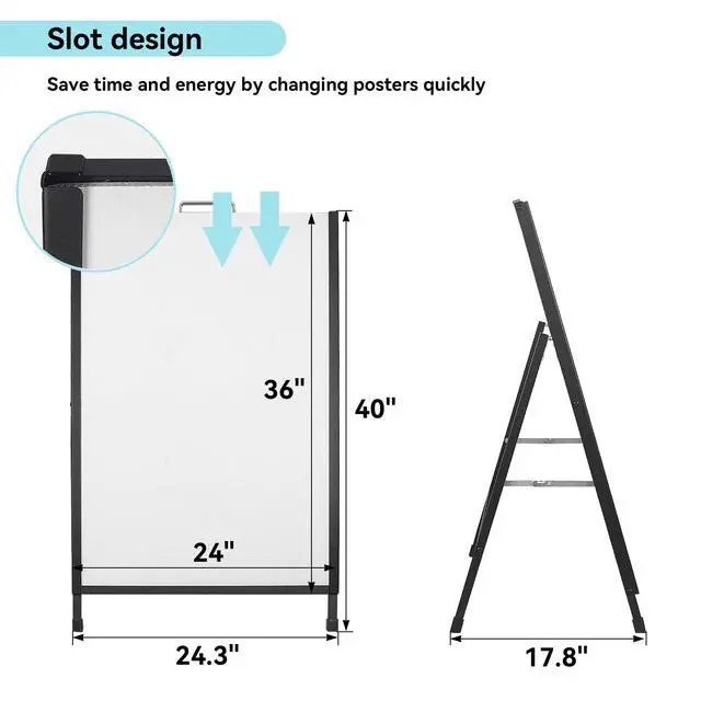 Alt view image 5 of 7 - Heavy-Duty A Frame Sidewalk Sign 24x36 Inch Sandwich Board,Outdoor Poster Stand Portable Folding Store Advertising Display Stand, Black 2 PackFrame Only
