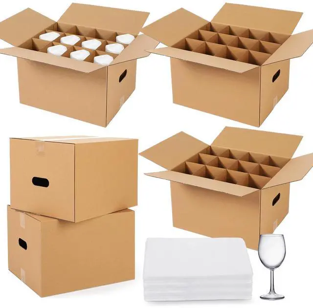 Main image of 5 Sets Glass Packing Kit for Glasses and Stemware Includes Kitchen Moving Boxes Cell Divider Unit Foam Pouches Glass Packing Boxes for Moving Glasses Wine Dish(15 x 12 x 10 Inch)