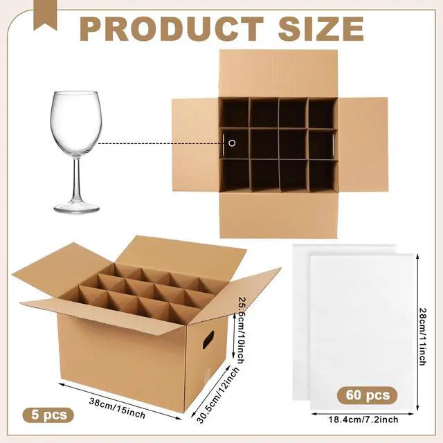 Alt view image 2 of 6 - 5 Sets Glass Packing Kit for Glasses and Stemware Includes Kitchen Moving Boxes Cell Divider Unit Foam Pouches Glass Packing Boxes for Moving Glasses Wine Dish(15 x 12 x 10 Inch)