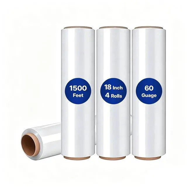 Main image of Plastic Wrap Stretch Film - Industrial Strength up to 600% Stretch 20 Microns Clear Durable Adhering Packing Moving Heavy Duty Shrink Film Box of 4 (60 Gauge, 18'' x 1500')