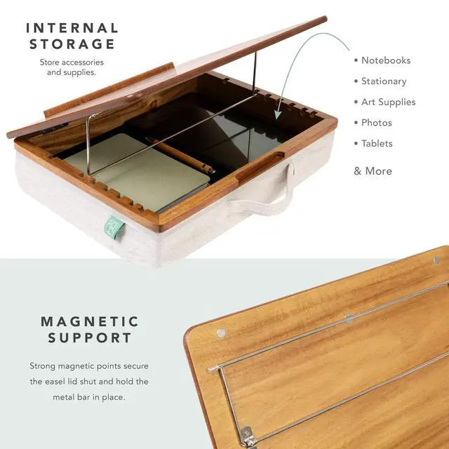 Alt view image 4 of 7 - Acacia Wood Easel Lap Desk Natural, Fits 15.6 Laptops | Adjustable 7-Level Laptop Stand, Portable Workstation with Open Storage
