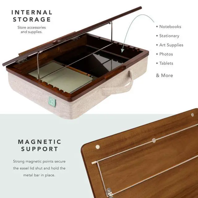Alt view image 4 of 7 - Acacia Wood Easel Lap Desk Java, Fits 15.6 Laptops | Adjustable 7-Level Laptop Stand, Portable Workstation with Open Storage