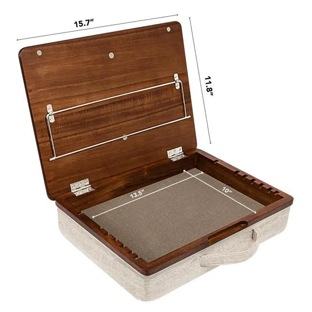 Alt view image 6 of 7 - Acacia Wood Easel Lap Desk Java, Fits 15.6 Laptops | Adjustable 7-Level Laptop Stand, Portable Workstation with Open Storage