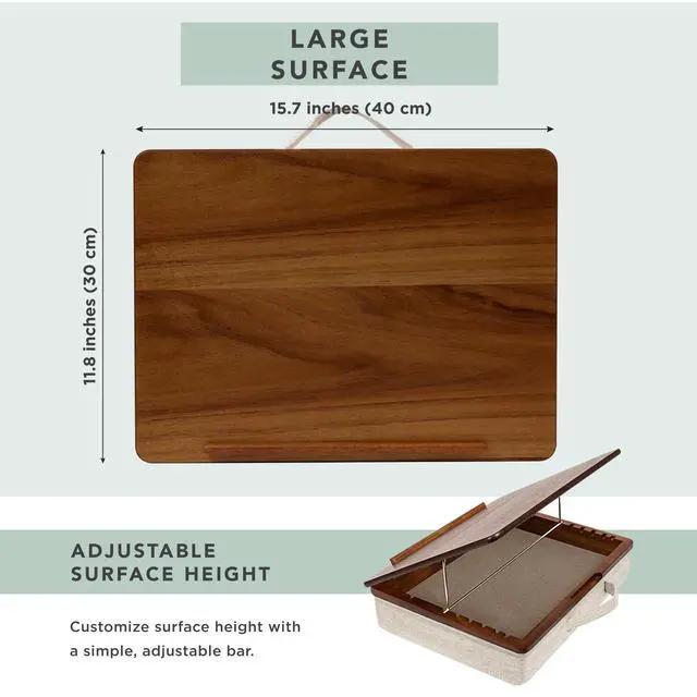 Alt view image 5 of 7 - Acacia Wood Easel Lap Desk Java, Fits 15.6 Laptops | Adjustable 7-Level Laptop Stand, Portable Workstation with Open Storage