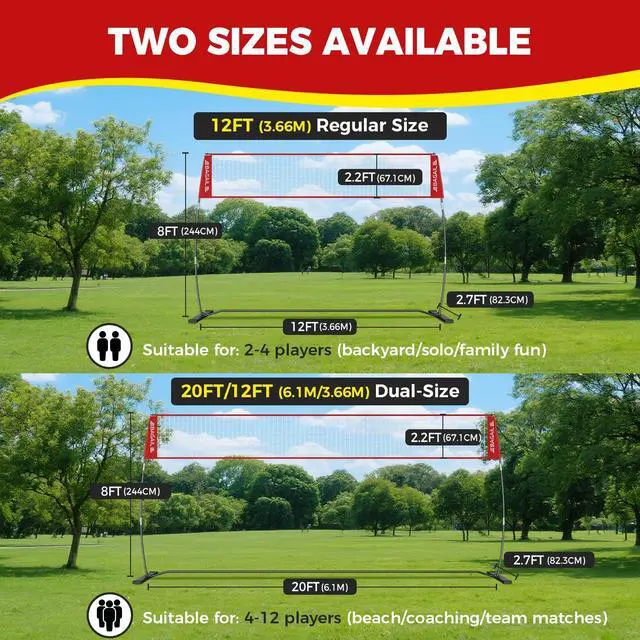 Alt view image 5 of 7 - Volleyball Net, 12ft/20ft Portable Volleyball Net for Backyard - Adjustable Height, Heavy-Duty Frame, Freestanding Design - Portable Outdoor/Indoor Volleyball Set with Carry Bag