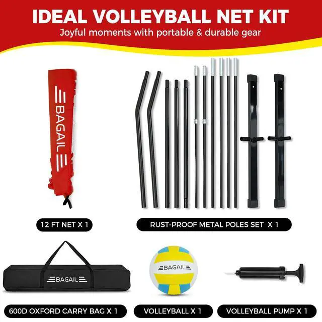 Alt view image 7 of 7 - Volleyball Net, 12ft/20ft Portable Volleyball Net for Backyard - Adjustable Height, Heavy-Duty Frame, Freestanding Design - Portable Outdoor/Indoor Volleyball Set with Carry Bag