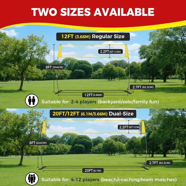 Alt view image 5 of 7 - Volleyball Net, 12ft/20ft Portable Volleyball Net for Backyard - Adjustable Height, Heavy-Duty Frame, Freestanding Design - Portable Outdoor/Indoor Volleyball Set with Carry Bag
