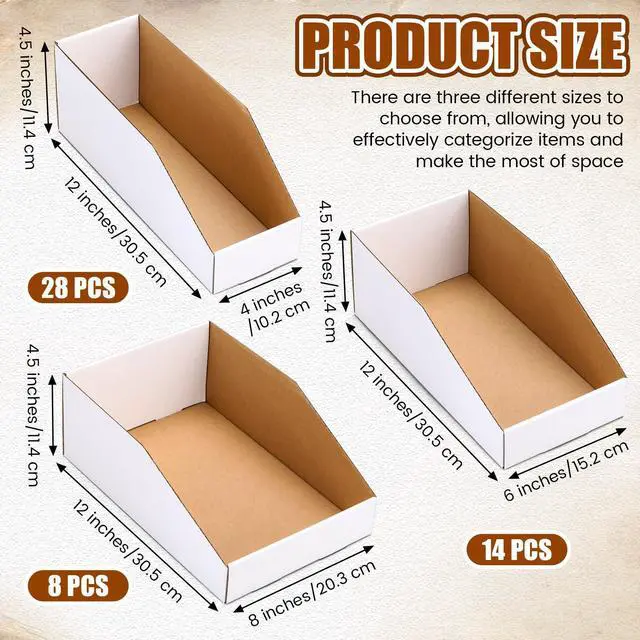 Alt view image 2 of 7 - 50 Pack Cardboard Storage Bins Assorted Sizes, Cardboard Boxes, 28 Pack 12x4x4.5, 14 Pcs 12x6x4.5, 8 Pcs 12x8x4.5 Corrugated Organizer Bins for Pantry, Shelves, Garage, Office, Shop