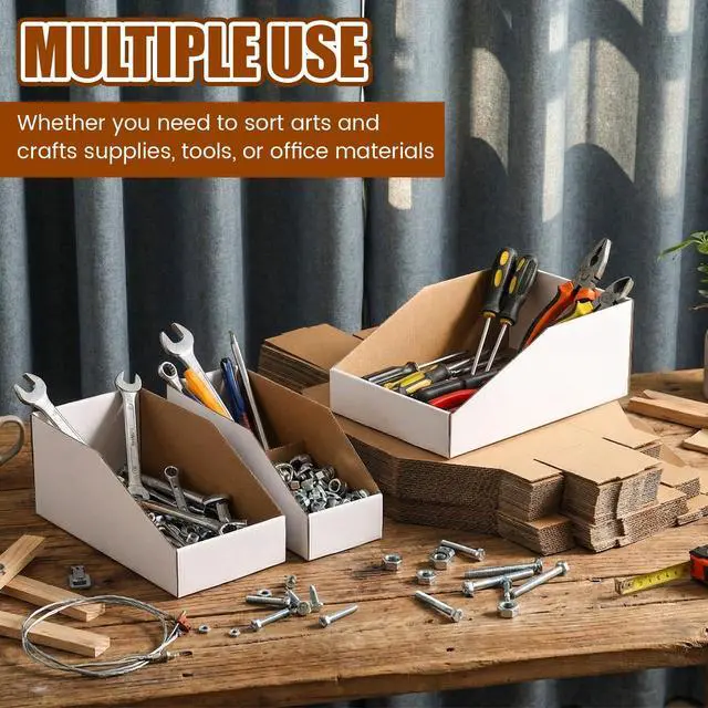 Alt view image 3 of 7 - 50 Pack Cardboard Storage Bins Assorted Sizes, Cardboard Boxes, 28 Pack 12x4x4.5, 14 Pcs 12x6x4.5, 8 Pcs 12x8x4.5 Corrugated Organizer Bins for Pantry, Shelves, Garage, Office, Shop