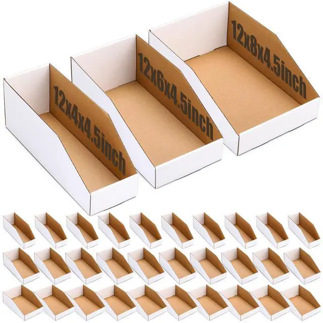 Main image of 50 Pack Cardboard Storage Bins Assorted Sizes, Cardboard Boxes, 28 Pack 12x4x4.5, 14 Pcs 12x6x4.5, 8 Pcs 12x8x4.5 Corrugated Organizer Bins for Pantry, Shelves, Garage, Office, Shop