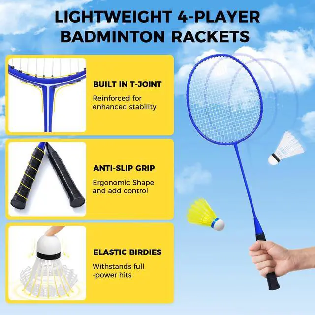 Alt view image 5 of 7 - Outdoor Badminton Net Set with Anti-Sag Winch System - Official Size 20ft x 5ft, 4 Rackets, 3 Shuttlecocks, Durable PE Net & Carry Bag for Backyard, Beach, Family Games