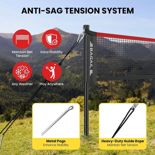 Alt view image 2 of 7 - Outdoor Badminton Net Set with Anti-Sag Winch System - Official Size 20ft x 5ft, 4 Rackets, 3 Shuttlecocks, Durable PE Net & Carry Bag for Backyard, Beach, Family Games