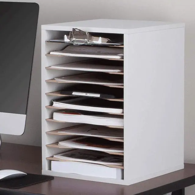 Alt view image 2 of 7 - Vertical Literature Organizer, 11 Compartments, Office and Classroom Mailbox with Adjustable Shelves, Wood Paper and Mail Sorter, Modern Gray