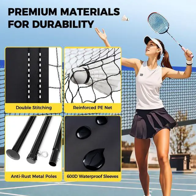 Alt view image 3 of 7 - Outdoor Badminton Net Set with Anti-Sag Winch System - Official Size 20ft x 5ft, 4 Rackets, 3 Shuttlecocks, Durable PE Net & Carry Bag for Backyard, Beach, Family Games