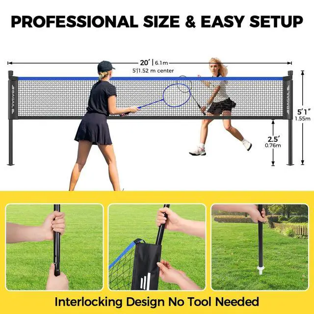 Alt view image 4 of 7 - Outdoor Badminton Net Set with Anti-Sag Winch System - Official Size 20ft x 5ft, 4 Rackets, 3 Shuttlecocks, Durable PE Net & Carry Bag for Backyard, Beach, Family Games