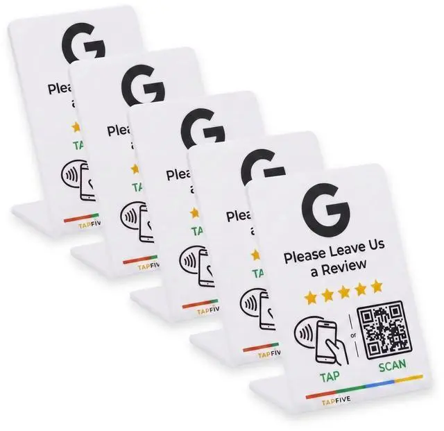 Main image of Google Review Stand by NFC Tap & QR Code Sign for Restaurants, Salons, Retail & Multi-Location Businesses | Tap to Review | QR Code Stand | No Monthly Fees (White, 5 Stands)